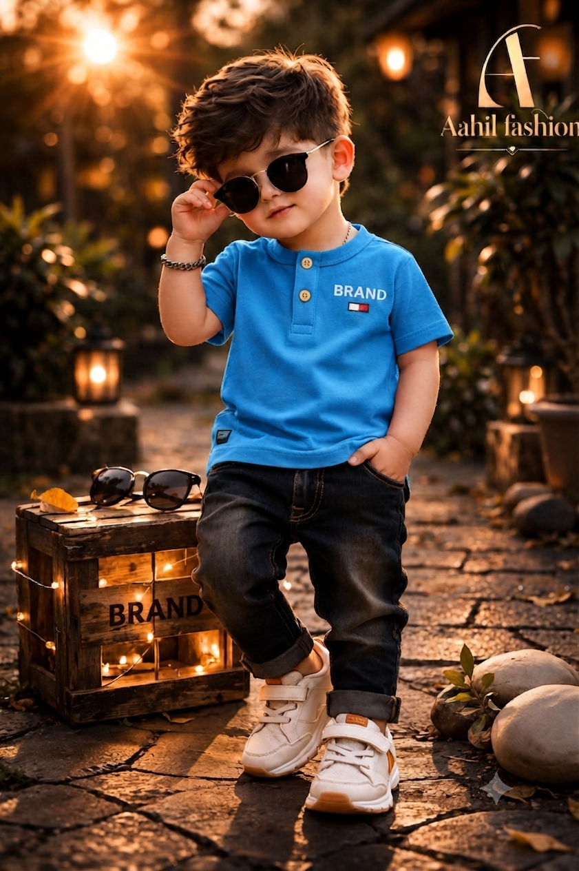 Kids Band Collar T-Shirts Sky Blue